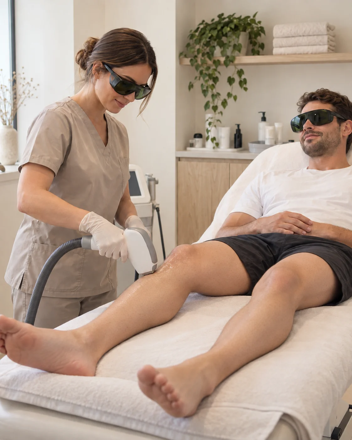 Een man krijgt een laserbehandeling aan zijn been in een behandelruimte. Beiden dragen een beschermende bril.